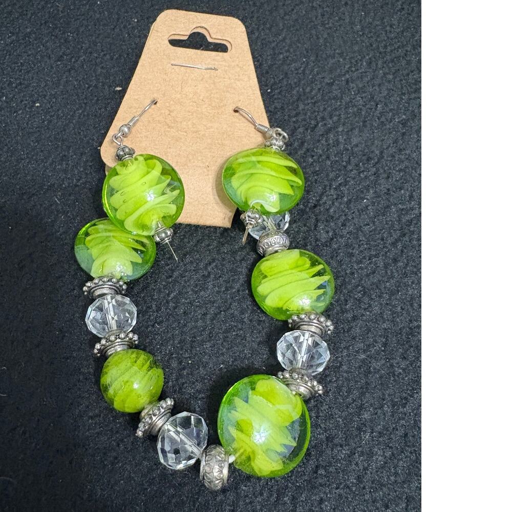 Vintage Lime Green Beaded Stretch Bracelet w/ Dangle Earrings